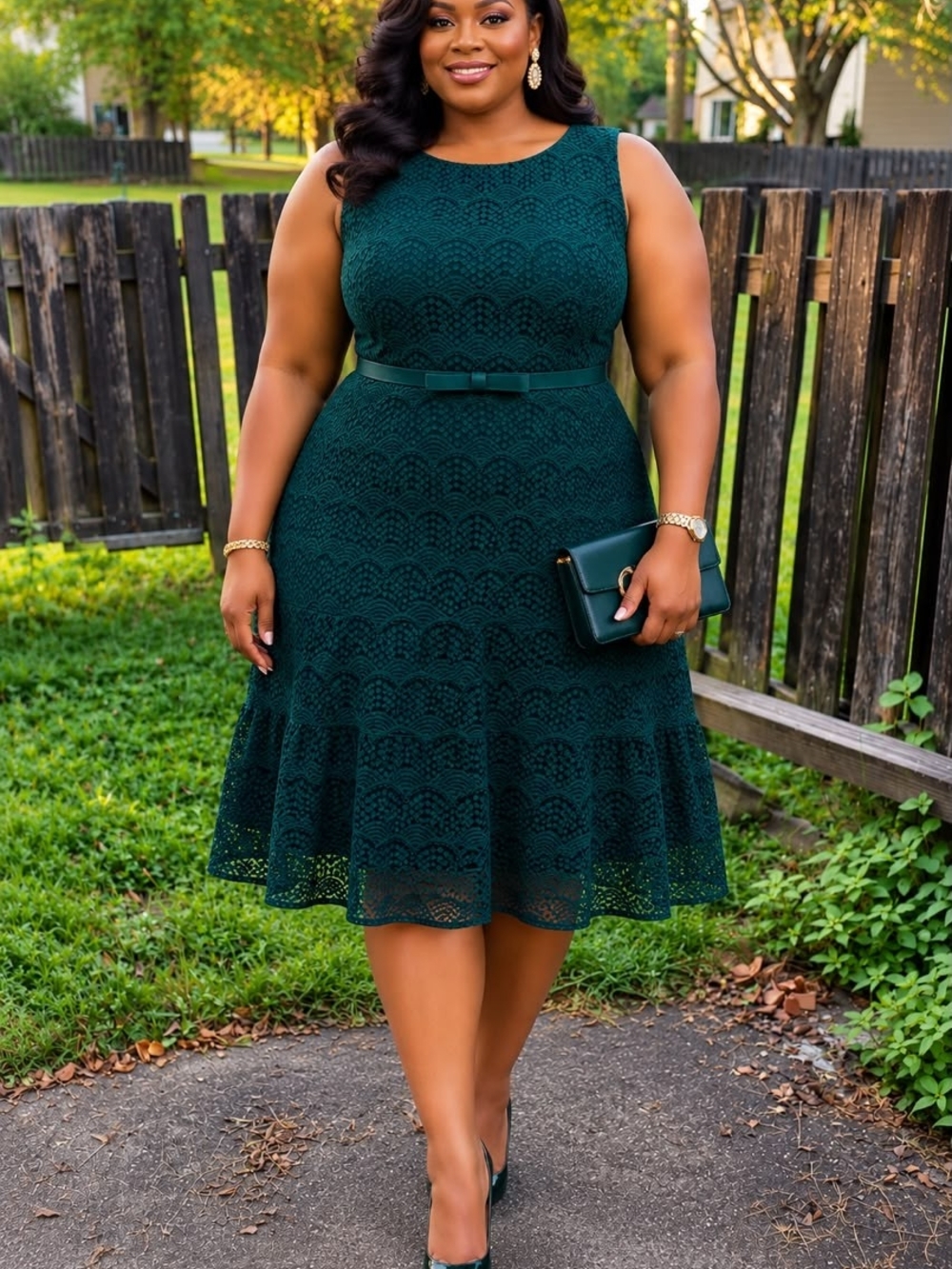 Danny & Nicole Emerald Lace Fit-and-Flare Dress with Bow Belt